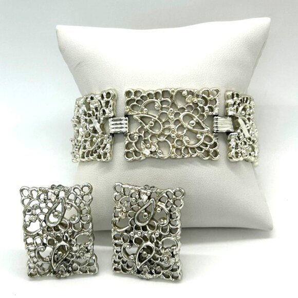 Jewelry - Silver-tone Statement Earring & Bracelet Set Paisley Filigree Panel Design